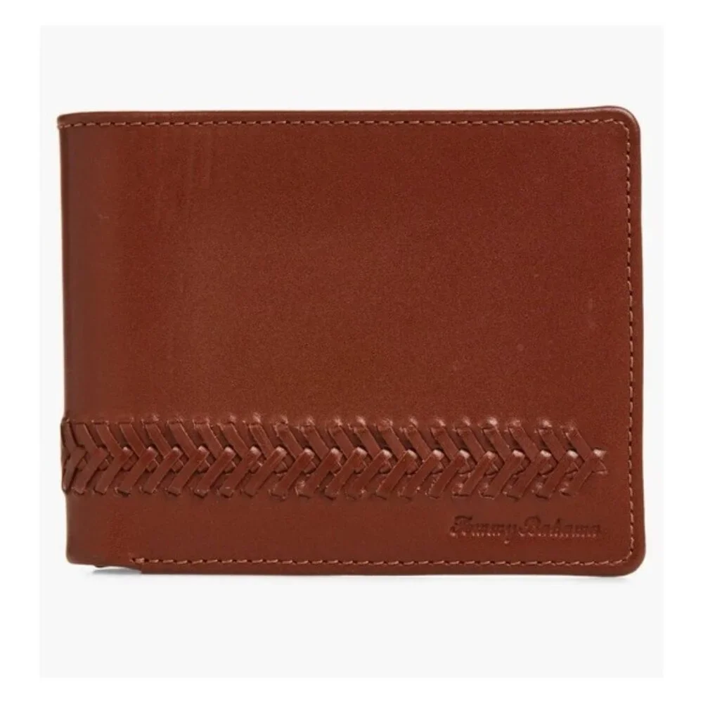 NWB Tommy Bahama Men's Tan LEATHER Lace Details Bifold Wallet Gift‎